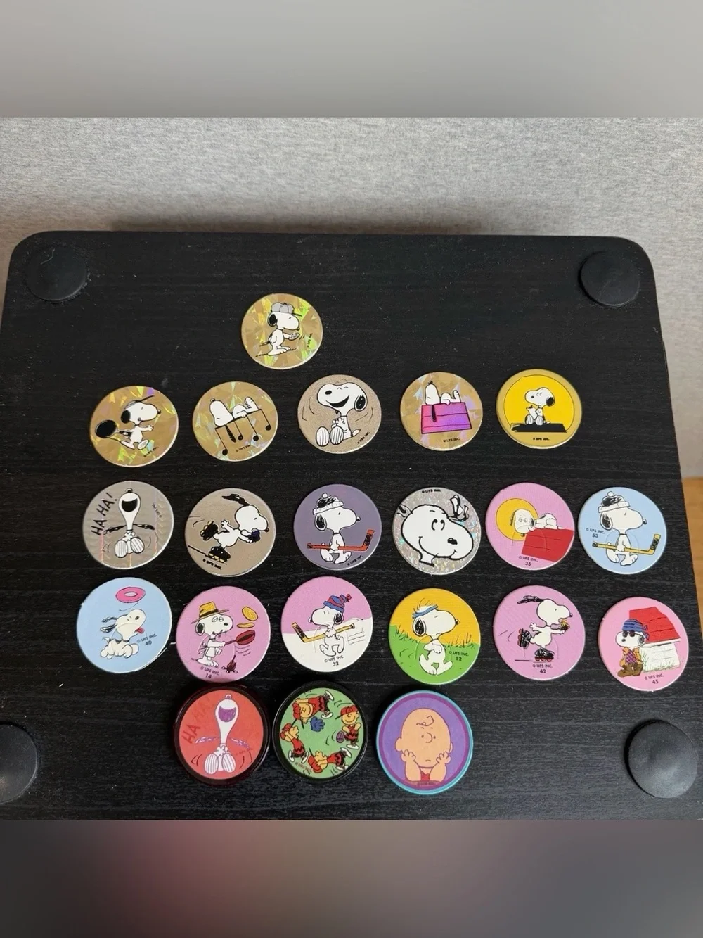 Vintage Pog Milk Cap Foil Snoopy Peanuts Gang Used Lot 82, 69 Pogs 13 Slammers
